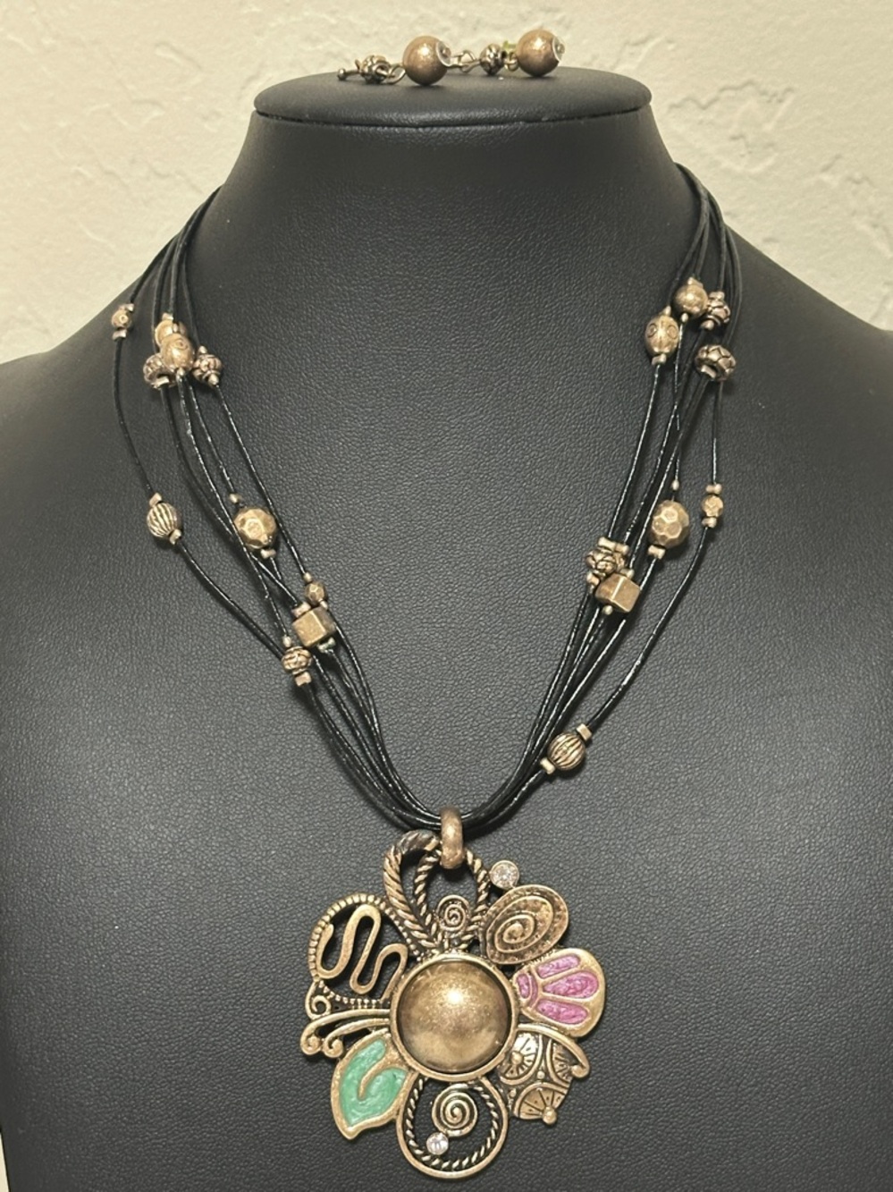 6.  Bronze Color Ornate Enamel & Rhinestone Flower Necklace Earring Set